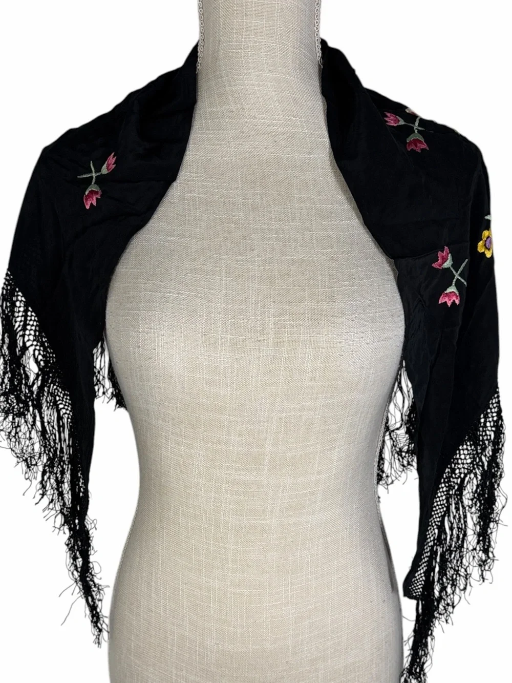 Women’s Black Colorful Floral Embroidered Fringe  Spanish Flamenco Piano Shawl